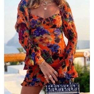 Rat & Boa Naomi Mini Dress Orange Floral Smocked Long Sleeve Boho Coquette XS